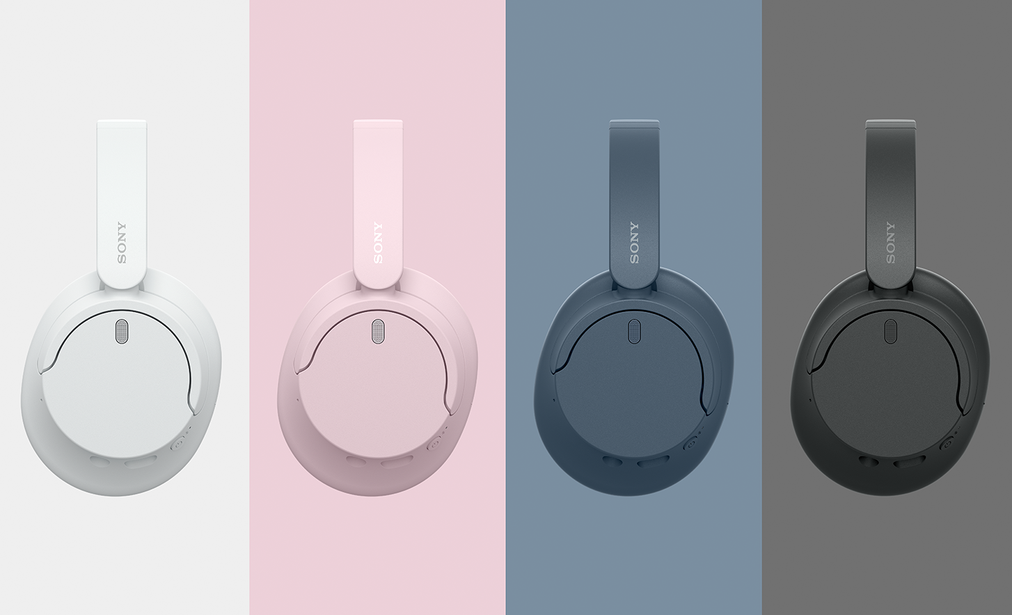 Four Sony WH-CH720N headphones in white, pastel pink, blue, and black against matching backgrounds.