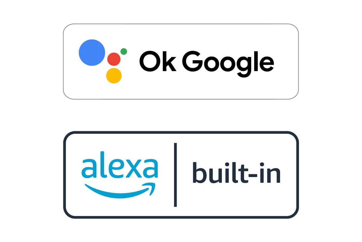 Image of an OK Google logo and an Alexa built-in logo