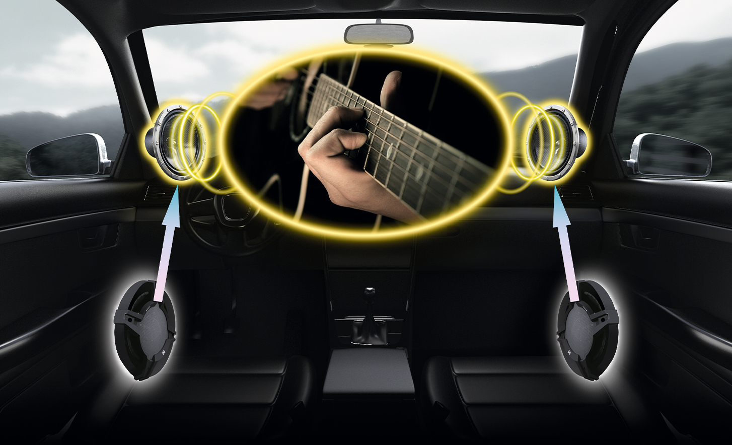 Front interior of a car with two speakers emitting a guitar sound on either side.