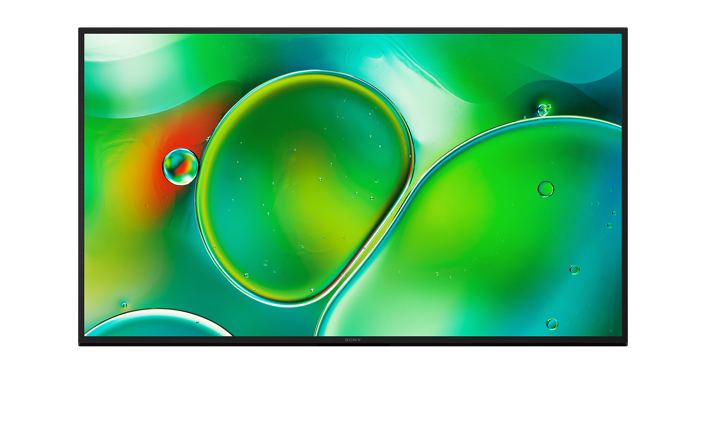 Front view of TV with screenshot of green water droplets