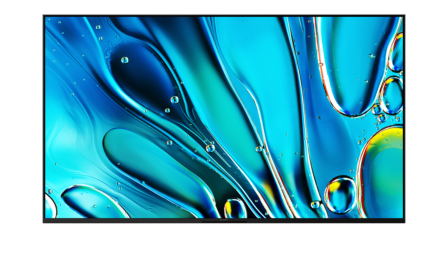 Front view of TV with screenshot of blue water droplets