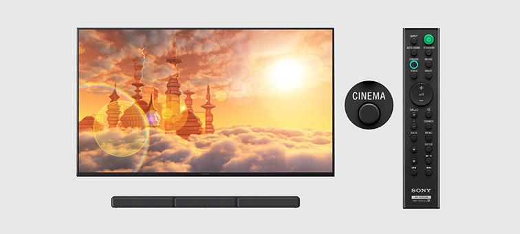 TV, soundbar and remote showing Cinema Mode