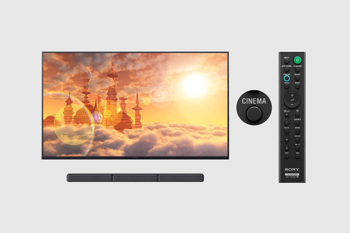 TV, soundbar and remote showing Cinema Mode